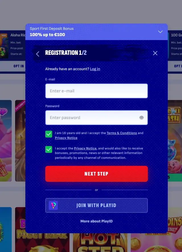 Registrační formulář nového účtu Bankonbet Casino